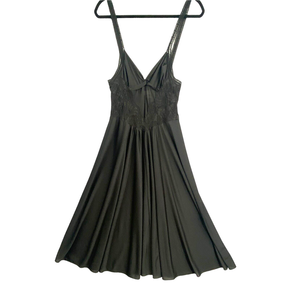 VTG Black Slip Dress Sm Lace Trim 90s Minimalist Lingerie Midi USA Fairy Witchy